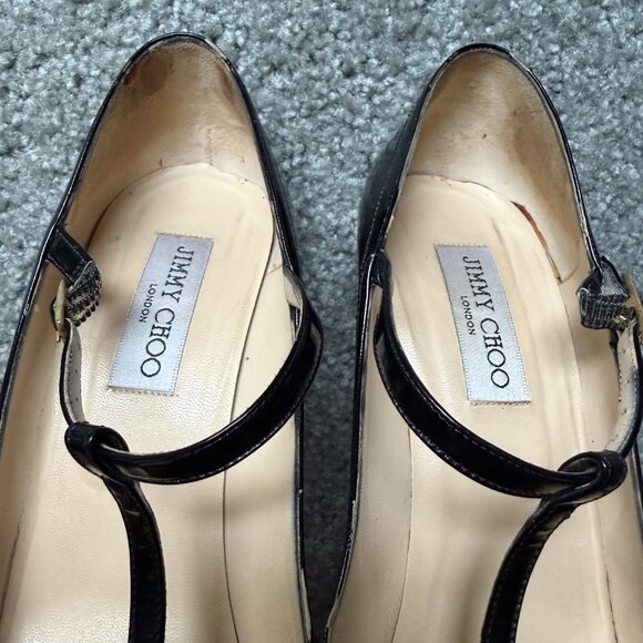 Jimmy Choo T-Strap Stiletto Mary Jane Black Patent Leather Pumps - Picture 8 of 9